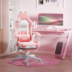 Cadeira Gaming com Orelhas Cadeira Gamer Reclinável com Altura Ajustável e Suporte Lombar 65x62x116-124 cm Rosa e Branco