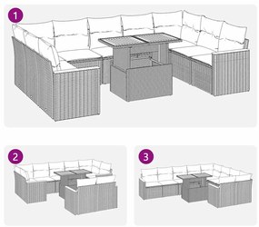 10 pcs conjunto sofás jardim almofadões vime PE/acácia cinzento