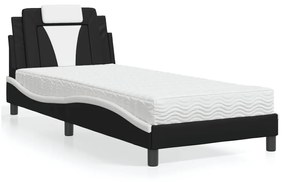 Cama com colchão 90x190 cm couro artificial preto e branco