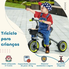 Triciclo para Crianças de 2 a 5 anos com Assento Ajustável Cesta Buzina e Pedais e 3 Rodas 70,5x53x58 cm Cinza e Verde