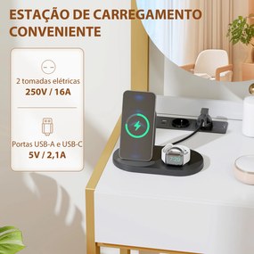 Toucador de Maquilhagem com Espelho e Banco Acolchoado Estação de Carregamento 2 Gavetas 3 Prateleiras para Quarto Branco