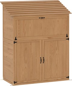 Outsunny Armário de armazenamento para jardim com mesa rebatível, armário para ferramentas com telhado, 110 x 54 x 136 cm, Madeira de abeto, Castanho | Aosom Portugal