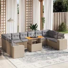 11 pcs conjunto sofás de jardim c/ almofadões vime PE bege