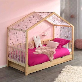 Conjunto Cama infantil de Casa DALLAS Com Ripas 90x200 com gaveta e cortinados NATURAL