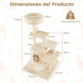 Arranhador para gatos adultos Torre multinível com cama acolchoada e poste para arranhar Centro de atividades gatos Bege