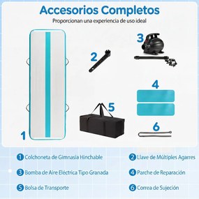 Colchão de ginástica insuflável com bomba elétrica 297 x 98 x 11 cm, saco de transporte e remendo de reparação portátil para fitness e ioga Turquesa