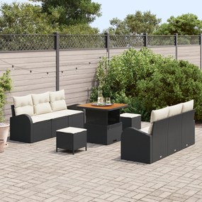 Conjunto de Sofá de Jardim 9 Peças com Almofadas Pretas de Rattan Poli