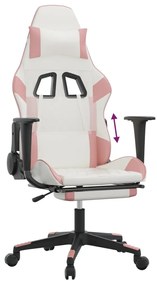 Cadeira gaming com apoio p/ pés couro artificial branco e rosa