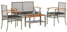 vidaXL 4 pcs conjunto lounge de jardim c/ almofadões vime PE cinzento