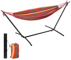 Outsunny Cama Rede com Suporte de Aço Portátil com Altura Ajustável em 6 Níveis com Bolsa de Transporte para Jardim Sala de Estar Carga Máxima 150kg 200x150cm Multicor