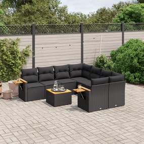 9 pcs conjunto de sofás p/ jardim c/ almofadões vime PE preto