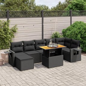 8 pcs conjunto sofás de jardim com almofadões vime PE preto