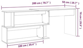 Secretária canto 200x50x76 cm derivados madeira cinzento sonoma