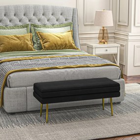 Banco com baú de arrumação 2 em 1, 100 x 37,5 x 42 cm assento com acabamento em veludo e pés em aço - preto e dourado
