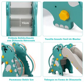 Escorrega de dinossauro 4 em 1 com escada para bebés e jogo de lançamento de bolas de basquetebol para a piscina do quintal e para a casa Verde