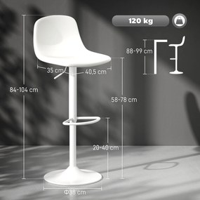 Conjunto 2 Bancos de Bar Reguláveis em Altura 84-104 cm com Encosto e Apoio para os Pés Estofadas em PU Giratórias em 360° Branco