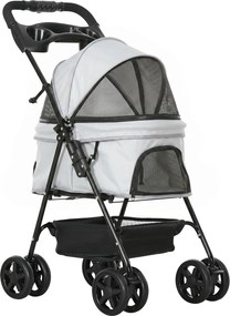 Carrinho para Cães Pequenos com 4 Rodas Travão Cesto Capota Correias de Segurança e Janelas 67x45x96 cm Cinza Claro