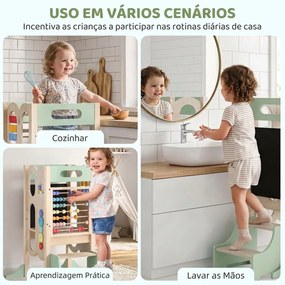 Torre de Aprendizagem Infantil Montessori 6 em 1 com Quadro Banco de Cozinha para Crianças dos 2 aos 6 Anos Verde