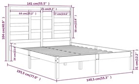 Estrutura de cama casal 135x190 cm madeira maciça cinzento