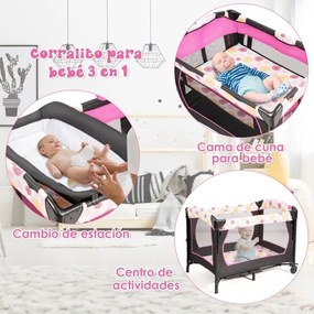 Berço portátil 3 em 1 para crianças com trocador Centro de actividades Centro de actividades com rodas e travões 107 x 72 x 80,5 cm Rosa