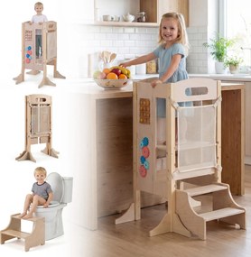 Torre de Aprendizagem Infantil Dobrável, 83,5 x 73 x 93 cm, 3 Níveis Ajustáveis, Natural