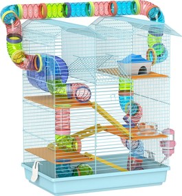 Gaiola para Hamster de Múltiplos Níveis com Sistema de Tubos 4 Plataformas e Roda de Exercício 47x30x59 cm Azul Claro