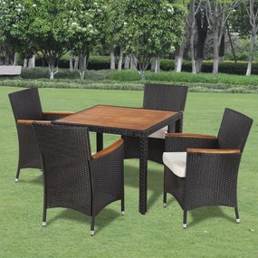 vidaXL 5 pcs conjunto jantar exterior com almofadões vime PE preto