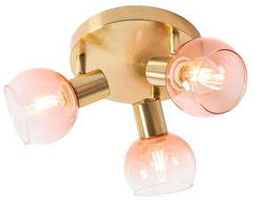 Refletor de teto Art Déco dourado com vidro rosa 3 luzes - Vidro Art Deco