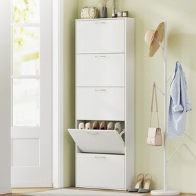 Sapateieira com capacidade para 15 pares, armário para sapatos moderno e estreito com 5 gavetas rebatíveis, 65 x 17 x 180,5 cm, branco
