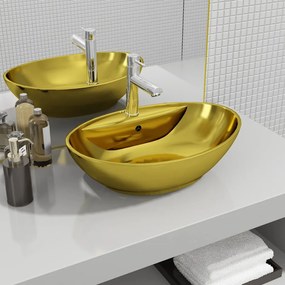 vidaXL Lavatório com extravasamento 58,5x39x21 cm cerâmica dourado