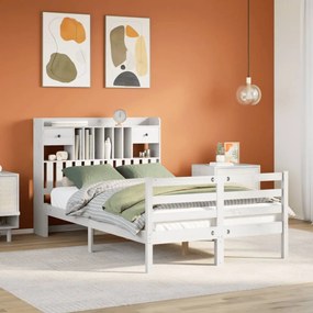 vidaXL Cama com estante sem colchão 135x190 cm pinho maciço branco