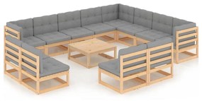 vidaXL 13 pcs conjunto lounge de jardim c/ almofadões pinho maciço