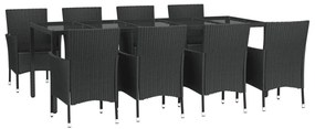 9 pcs conjunto de jantar p/ jardim c/ almofadões vime PE preto