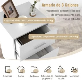 Mesa cabeçeira 38 x 35 x 66 cm com estação de carregamento, 3 gavetas branca