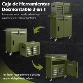 Armário para ferramentas (sem ferramentas) com 5 gavetas e rodas  de grande capacidade com rodas bloqueáveis Verde