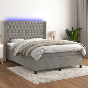 Cama box spring c/ colchão/LED 140x200 cm veludo cinzento-claro