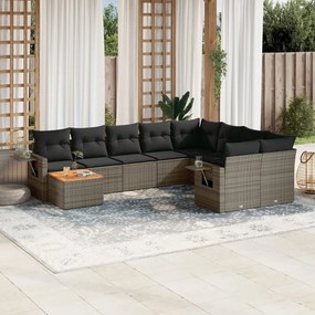 10 pcs conjunto sofás de jardim c/ almofadões vime PE cinzento