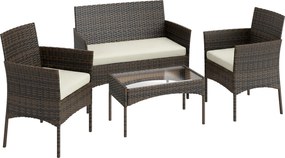 Outsunny Conjunto de Jardim em Vime com Almofadas Móveis de Exterior com 2 Poltronas Sofá de 2 Lugares Mesa com Vidro Castanho e Bege | Aosom Portugal
