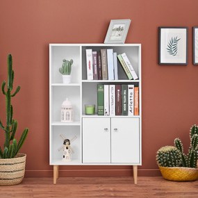 Estante escandinava, móvel de arrumação, 80 x 23,5 x 123 cm, 5 compartimentos abertos, armário com 2 portas, pés cónicos inclinados, madeira maciça, p