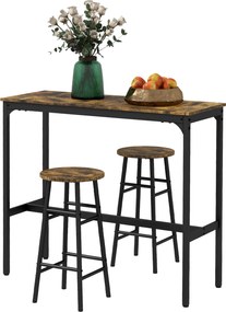 Conjunto de mesa alta de bar + 2 bancos com estrutura em aço e tampo com efeito de madeira de mogno para 2 pessoas, castanho rústico, preto
