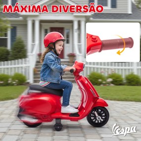 Mota Elétrica para Crianças 6V com Licença Vespa Rodas Auxiliares Velocidade de 2,5km/h Farol e Buzina 71x37x52 cm Vermelho