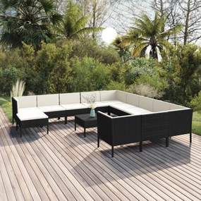 vidaXL 13 pcs conjunto lounge de jardim c/ almofadões vime PE preto