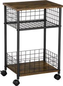 HOMCOM Carrinho de Cozinha em Design Industrial 1 Prateleira 1 Cesto de Armazenamento 4 Rodas 40 cm x 30 cm x 62 cm Aço Preto + Castanho | Aosom Portugal