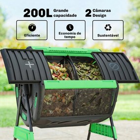 Compostador Giratório 200L com Sistema de Ventilação e Base Metálica para Compostagem de Resíduos Orgânicos Verde