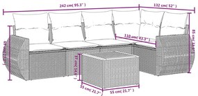 6 pcs conjunto sofás de jardim com almofadões vime cinzento