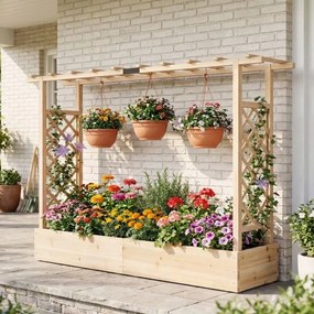 Floreira de jardim elevada em madeira com treliça 220 x 35 x 114 cm, teto suspenso, orifícios de drenagem, para plantas trepadeiras, Natural