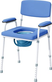 Cadeira sanitária multifunções com balde amovível, altura ajustável, com encosto, assento e braços almofadados, azul