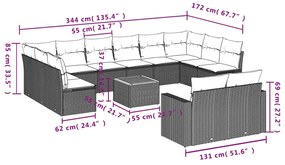 13 pcs conjunto sofás p/ jardim c/ almofadões vime PE cinzento