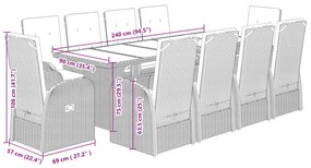 9 pcs conjunto de jantar p/ jardim c/ almofadões vime PE cinza