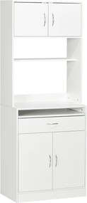 HOMCOM Armário de Cozinha com 4 Portas Bandeja Amovível Prateleira Ajustável Gaveta e Bancada para Micro-Ondas 70x40x180 cm Branco | Aosom Portugal